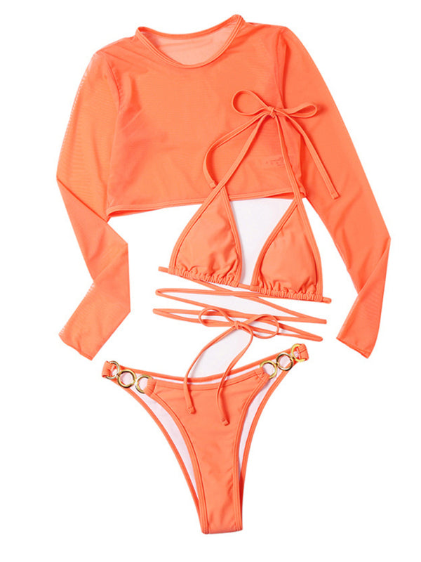 Women's swimsuit long-sleeved mesh jacket three-piece swimsuit solid color sexy bikini