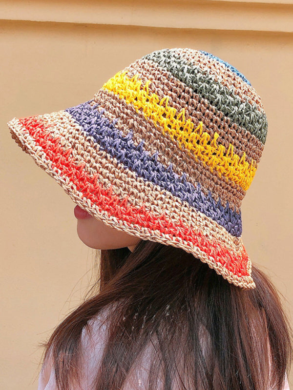 Braided straw hat rainbow fisherman hat big brim sun hat outdoor beach sun sun hat