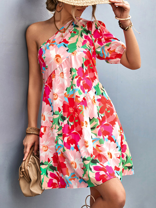 Women's Printed One Shoulder Diagonal Dress