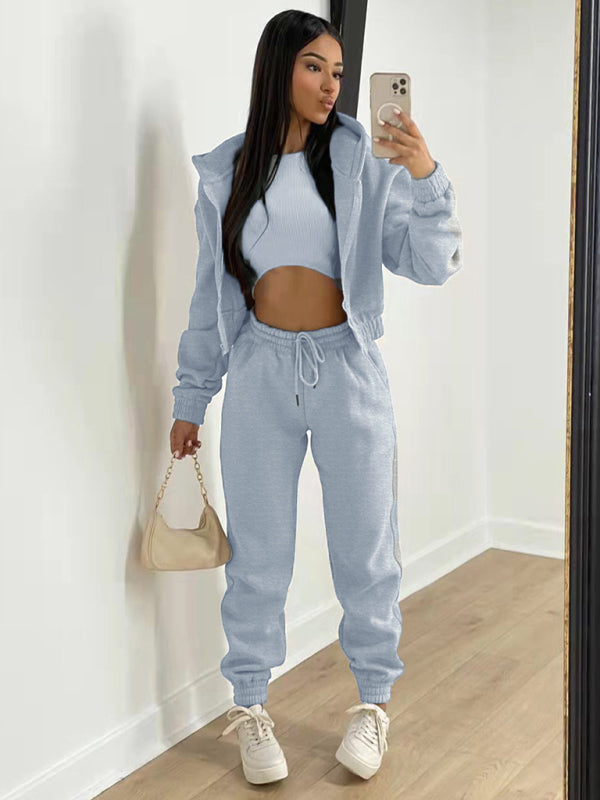 Women's Knitted Casual Sports Fleece Hooded Three-piece Suit