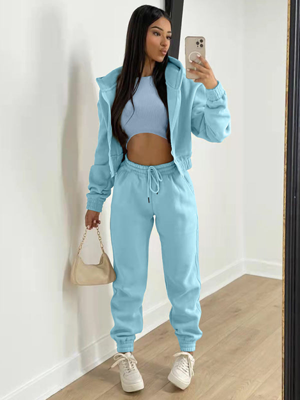 Women's Knitted Casual Sports Fleece Hooded Three-piece Suit