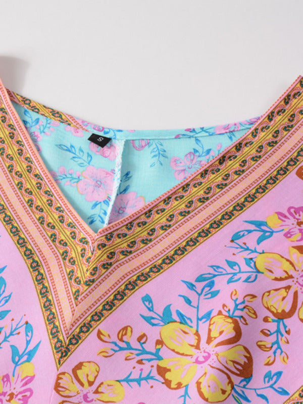 Women's Woven V Neck Bohemian Print Short Sleeve Dress