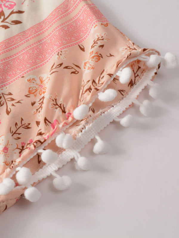 Women's Woven V Neck Bohemian Print Short Sleeve Dress