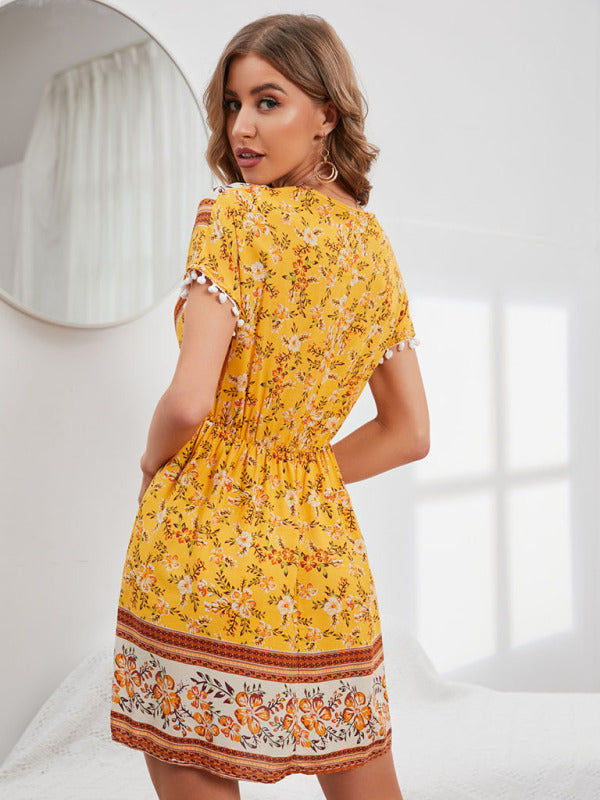 Women's Woven V Neck Bohemian Print Short Sleeve Dress