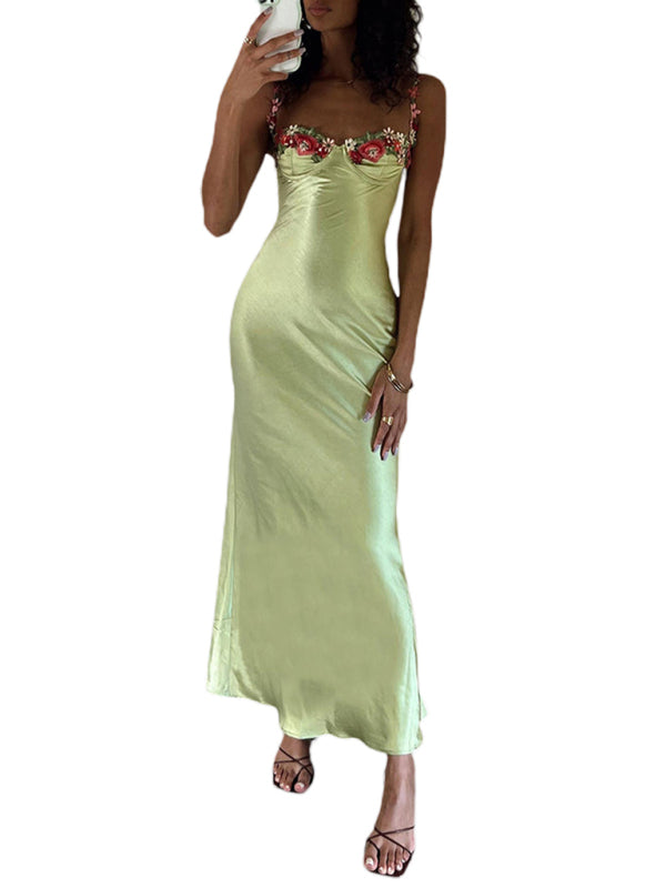 Fashion Sexy Embroidered Lace Camisole Solid Color Long Dress