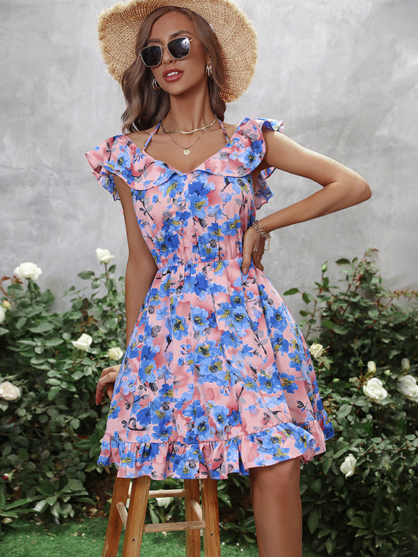 New Women's Dress V Neck Fashion Print Ruffle Dress