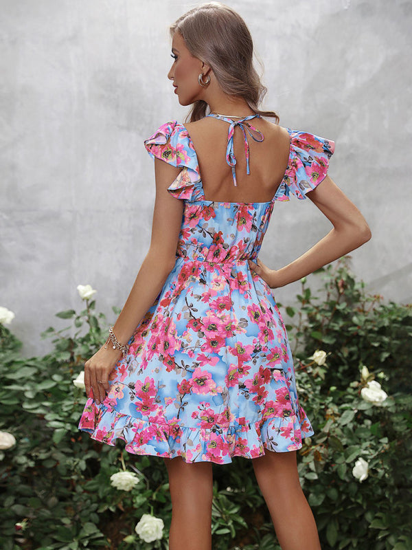 New Women's Dress V Neck Fashion Print Ruffle Dress