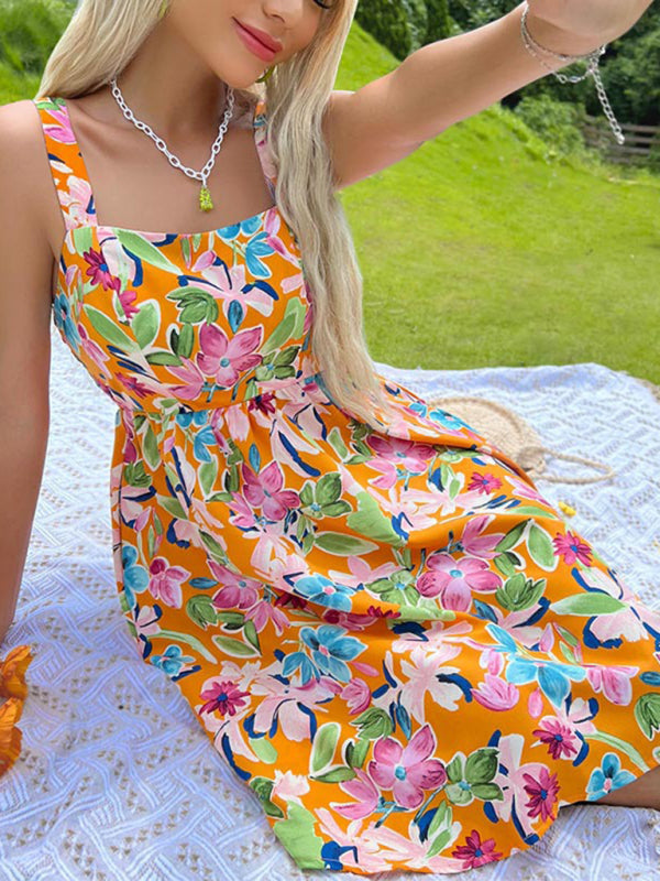 New printed French style suspender skirt design sense floral dress