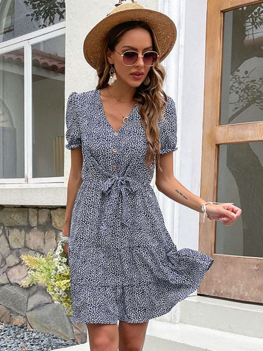 New Fashion Print Button V Neck Tie Dress