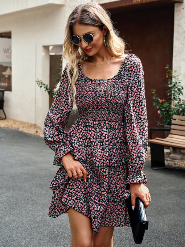 New women's temperament elegant square neck skirt floral dress