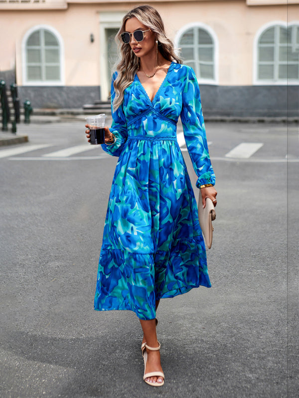 Women's resort casual printed V-neck long-sleeved dress