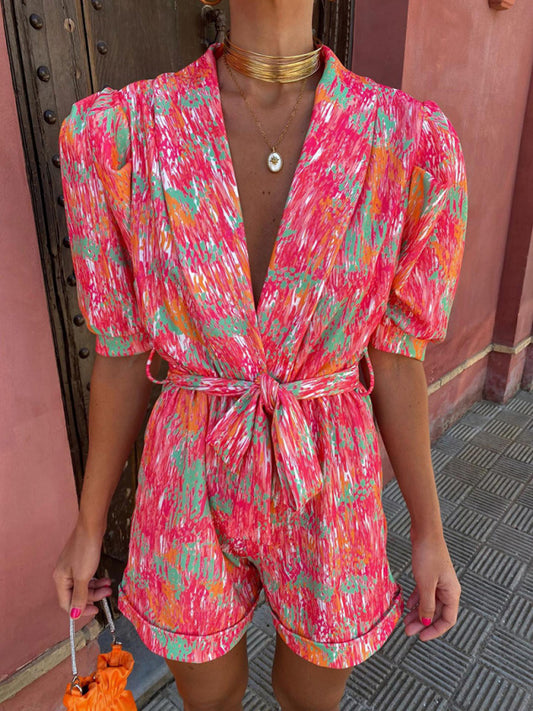 New style deep V-neck bubble short-sleeved printed elastic waist jumpsuit