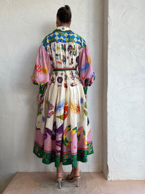 New retro French court style pleated long-sleeved loose dress