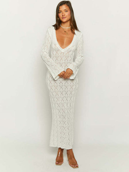 Temperamental low-cut sexy V-neck long-sleeved backless slim-fit hip-hugging knitted long dress