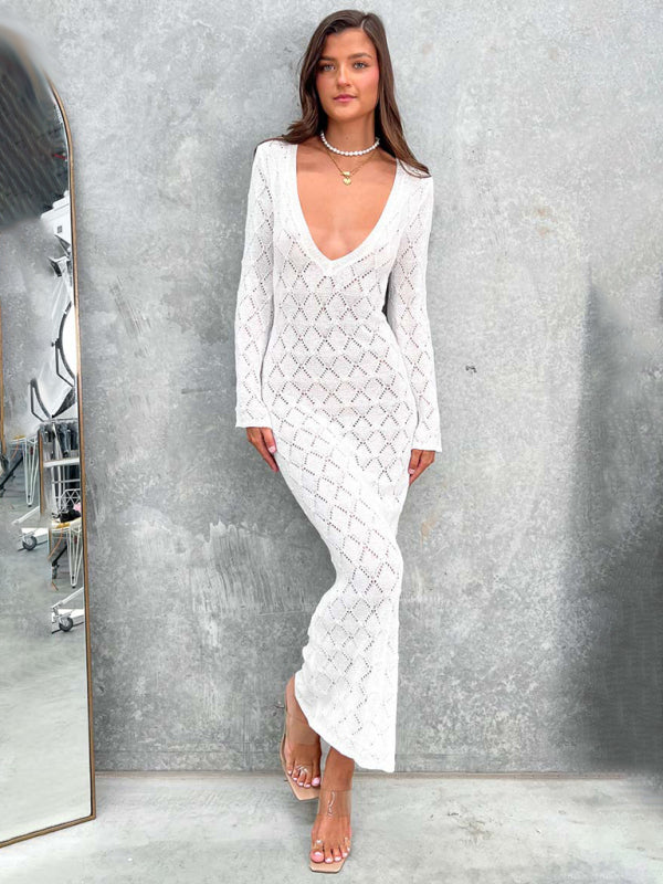 Temperamental low-cut sexy V-neck long-sleeved backless slim-fit hip-hugging knitted long dress