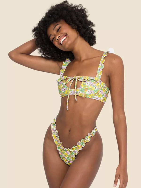 Women's new multi-color printed small fresh swimsuit lace split swimsuit bikini