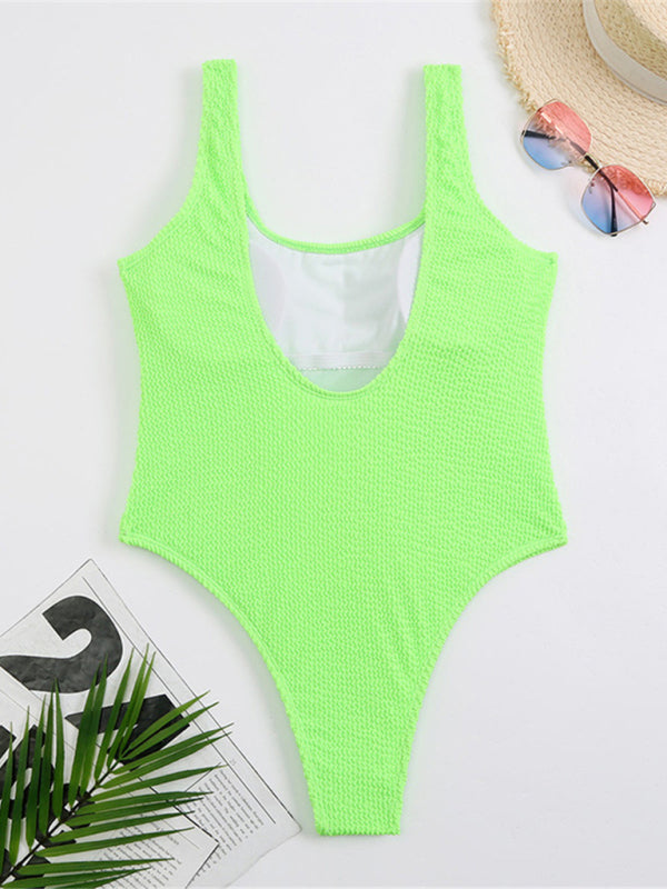 Women's Candy Color Fluorescent Pleated Fabric One-Piece Swimsuit