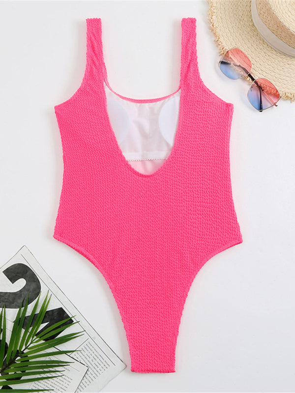 Women's Candy Color Fluorescent Pleated Fabric One-Piece Swimsuit