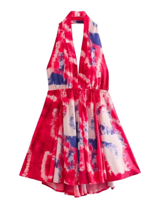 New fashionable V-neck suspender sexy printed halter neck short dress