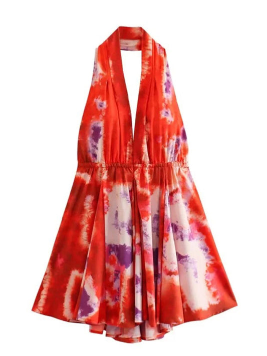 New fashionable V-neck suspender sexy printed halter neck short dress