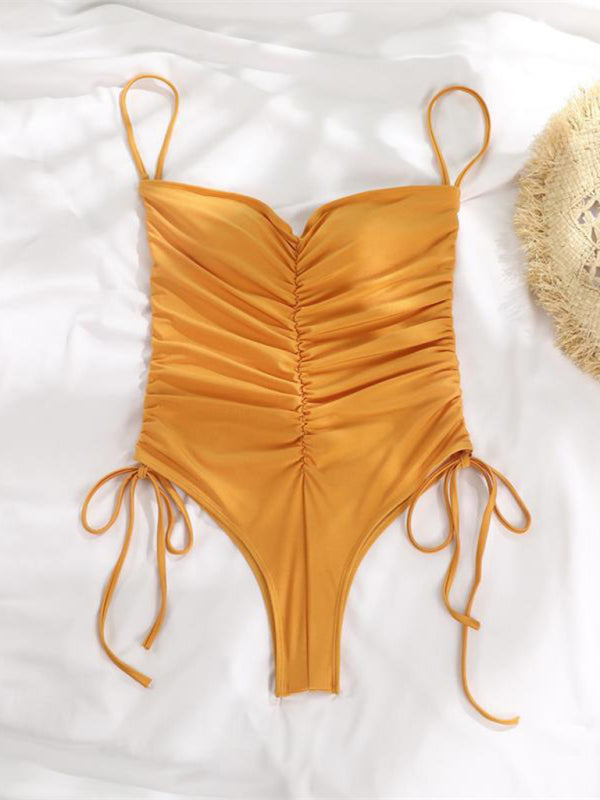 New drawstring one-piece swimsuit solid color pleated sexy suspender bikini