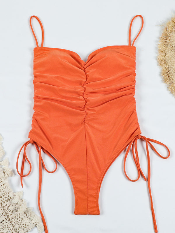 New drawstring one-piece swimsuit solid color pleated sexy suspender bikini