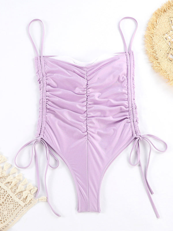 New drawstring one-piece swimsuit solid color pleated sexy suspender bikini