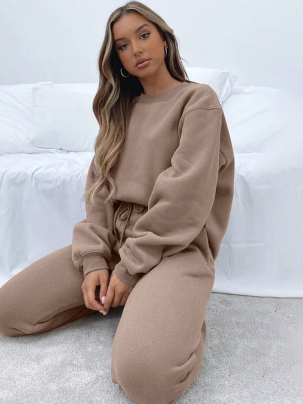 Women's New Solid Color Round Fashionable Casual Collar Pullover Long Sleeve Trousers Sweater Suit