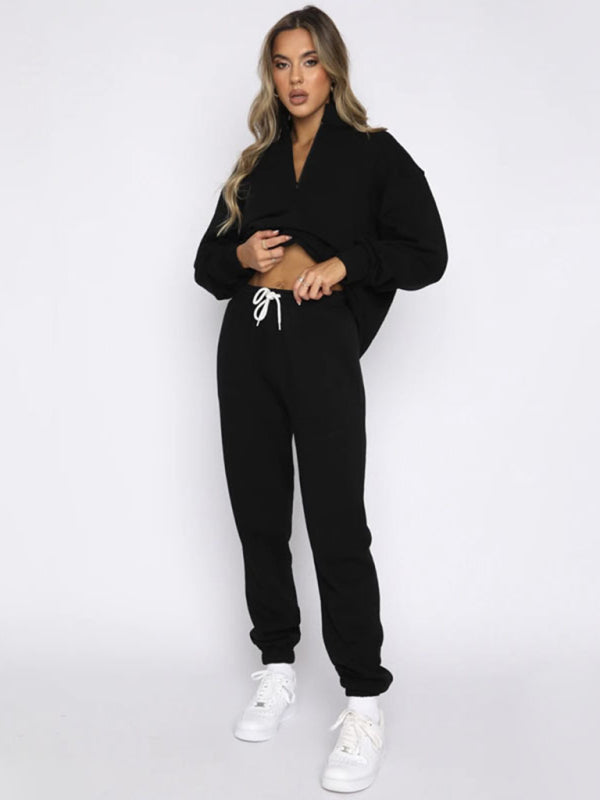 Women's new solid color stand-up collar zipper pullover long-sleeved sweatshirt and trousers suit