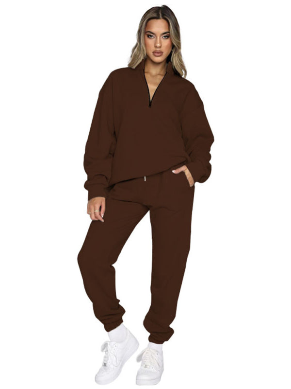 Women's new solid color stand-up collar zipper pullover long-sleeved sweatshirt and trousers suit