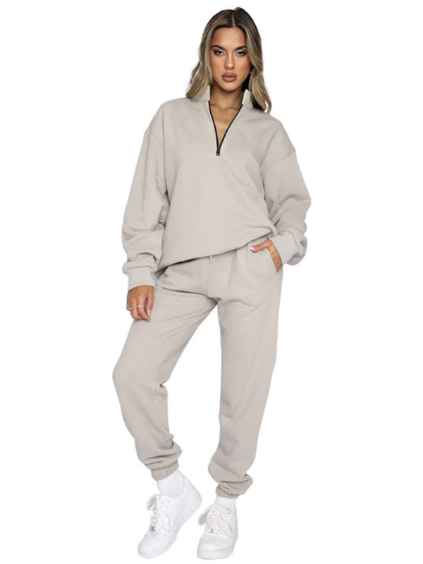 Women's new solid color stand-up collar zipper pullover long-sleeved sweatshirt and trousers suit