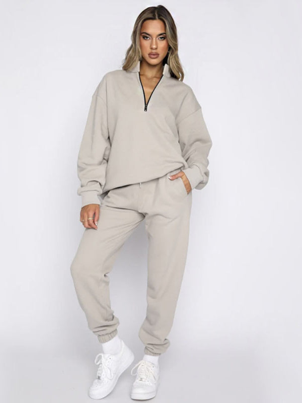 Women's new solid color stand-up collar zipper pullover long-sleeved sweatshirt and trousers suit