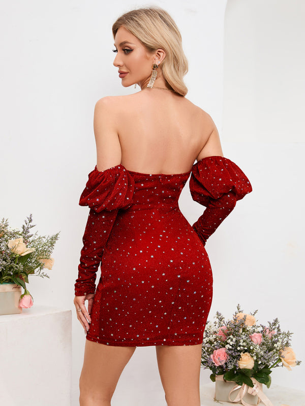 Women's Sexy Chest Wrapped Short Skirt Starry Sky Deep V Drop Shoulder Fashion Hot Girl Dress