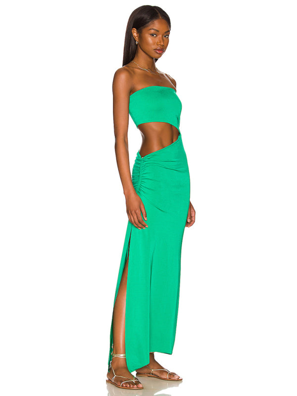 Backless hollow strapless long dress with hip covering