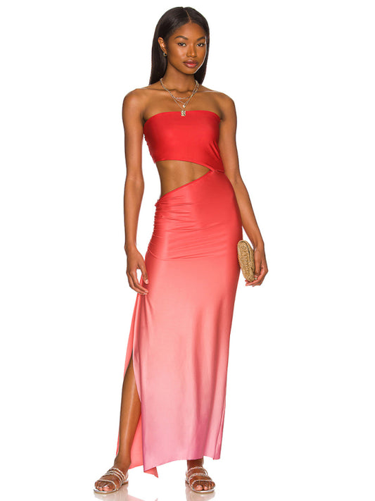 Backless hollow strapless long dress with hip covering