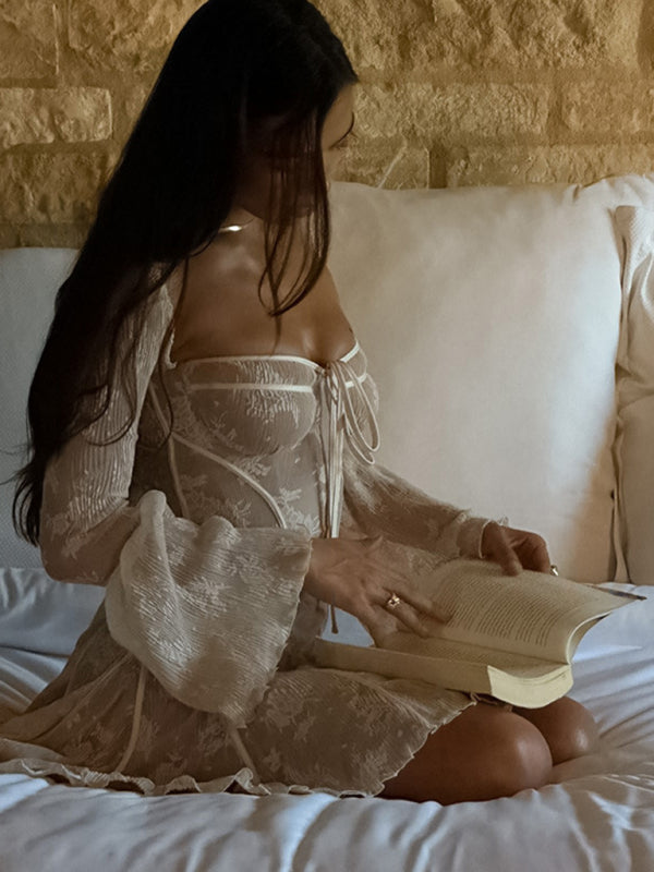 New sexy hottie lace printed long-sleeved strappy dress