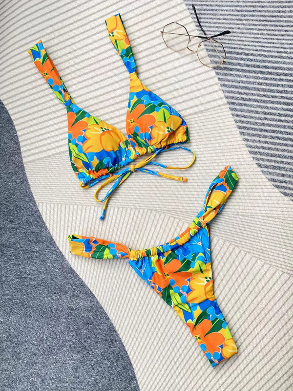 Women's fashion new printed strappy split bikini