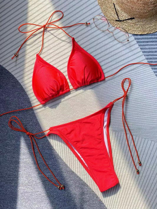 Women's new bikini solid color rope strap sexy swimsuit