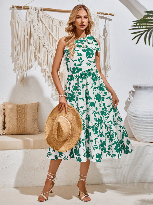 Women's off-shoulder strappy printed waist dress