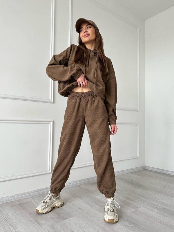 New long sleeve hooded zipper women's trousers suit two piece set