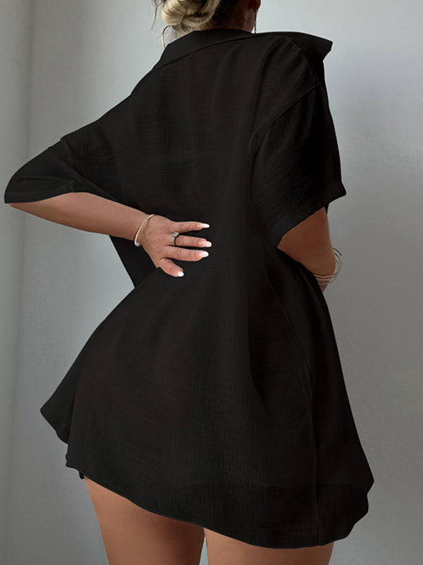 Beach vacation loose sun protection clothing swimsuit cover-up short-sleeved shirt set
