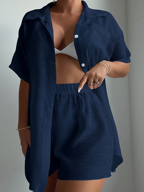 Beach vacation loose sun protection clothing swimsuit cover-up short-sleeved shirt set