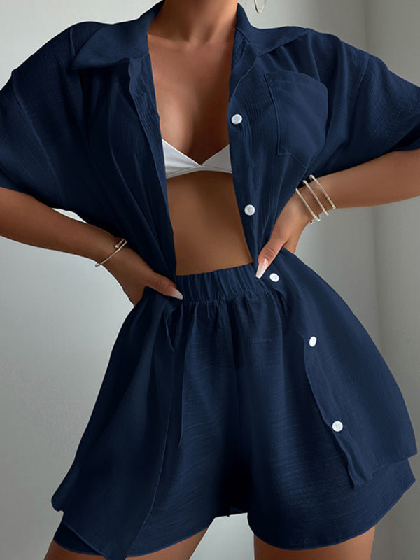 Beach vacation loose sun protection clothing swimsuit cover-up short-sleeved shirt set