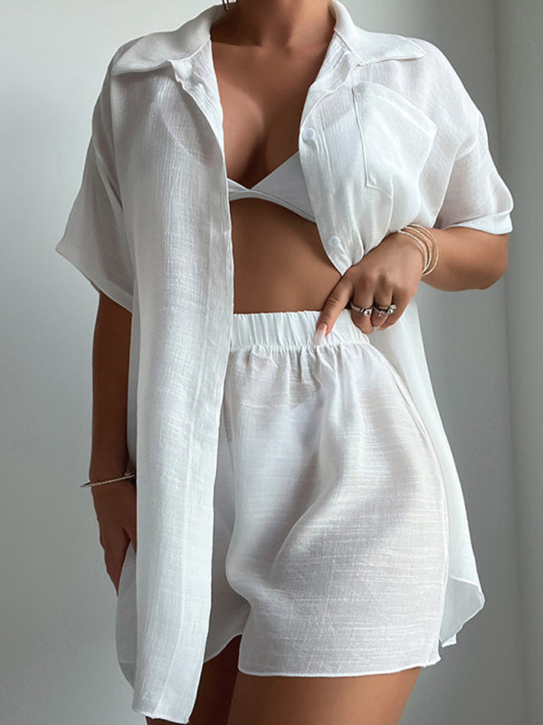 Beach vacation loose sun protection clothing swimsuit cover-up short-sleeved shirt set