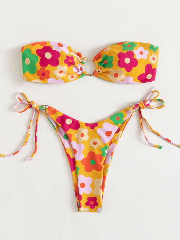 New Sweet Flower Print Sexy Metal Buckle Bikini