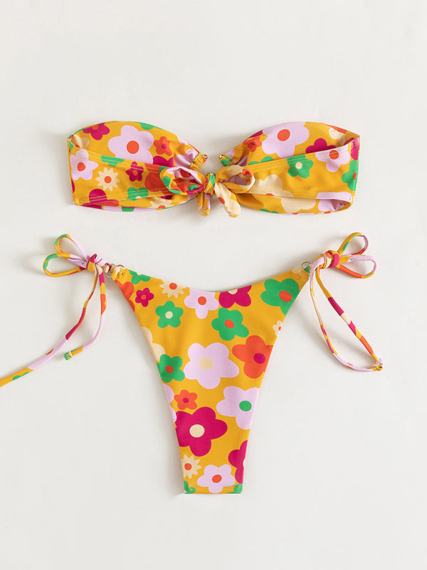 New Sweet Flower Print Sexy Metal Buckle Bikini