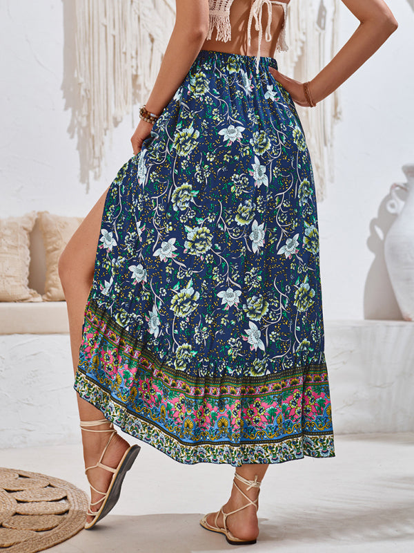 New casual bohemian printed waist drawstring skirt