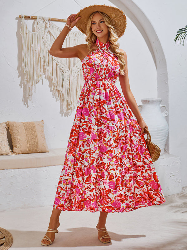 New casual resort style printed halter neck dress