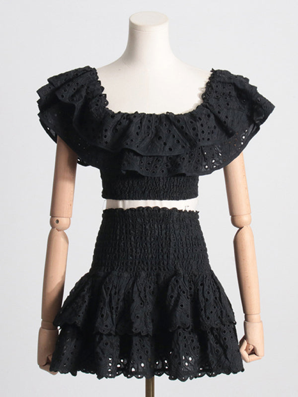 New French-style ear-hemmed short top, high-waisted cake layer skirt, sexy two-piece suit