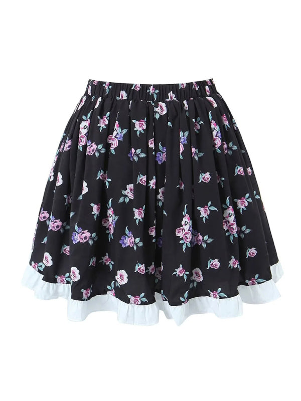 Women's White Floral Puff Sleeve High Waist Top + Skirt Set